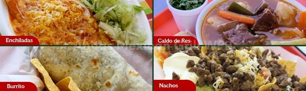 Showing: Enchiladas, Caldo de Res, Burrito and Asada (steak) Nachos. Spanish: Nachos de asada