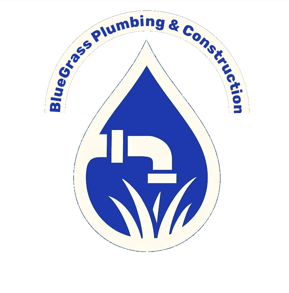 BlueGrass Plumbing & Construction logo with water drop, pipe, and grass design.