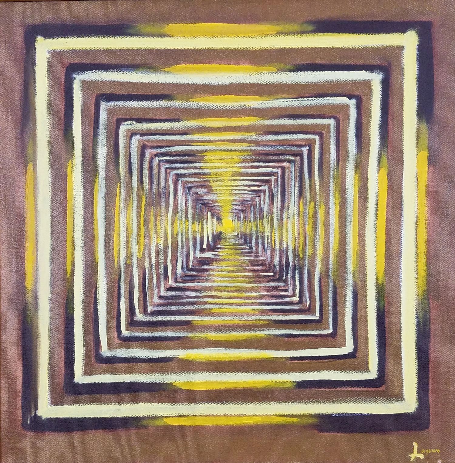 Abstract painting of concentric squares with yellow highlights creating depth.