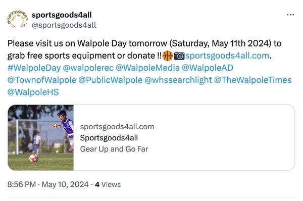 Announcement for free sports equipment giveaway on Walpole Day, May 11, 2024.