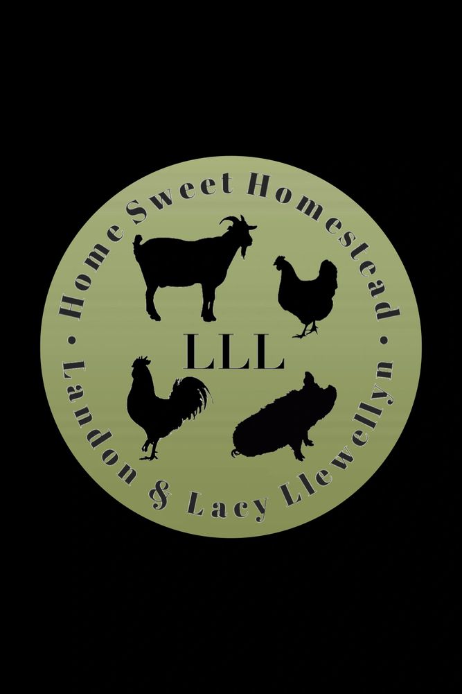 Circular logo with LLL centered and a goat, pig, hen and rooster around it, farm name around it.