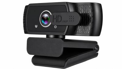 Black HD webcam with clip-on base.