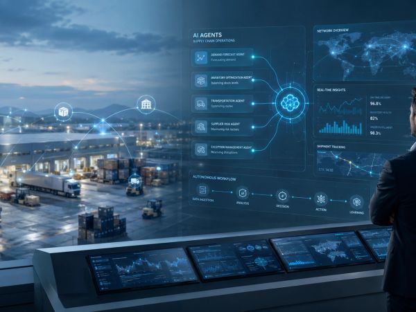 Man monitoring AI-driven supply chain operations on futuristic digital interface.