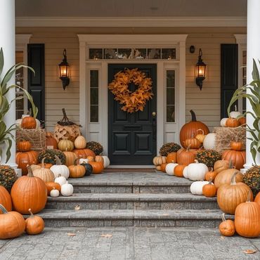 Front porch decorated with pumpkins and fall foliage for autumn.