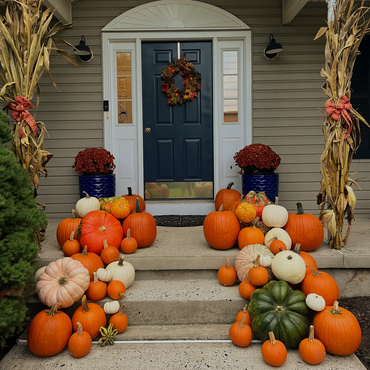 Fall-themed front porch decorated with various pumpkins and cornstalks.