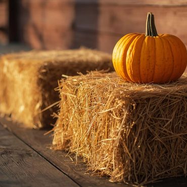 A pumpkin sits on a hay bale on a wooden porch in warm sunlight.