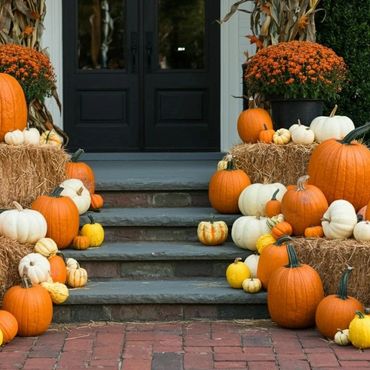 Festive autumn porch decorated with pumpkins and hay bales.