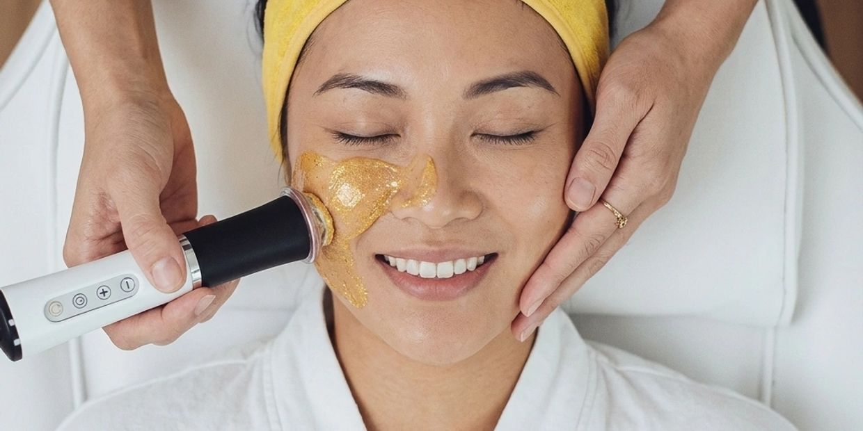 Woman enjoying a facial treatment with a yellow headband and skincare device.