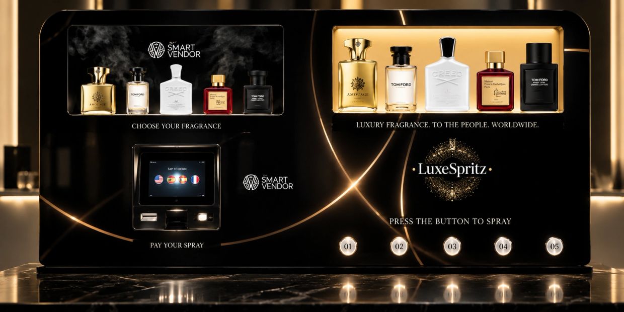 Luxury fragrance vending machine with designer perfumes.