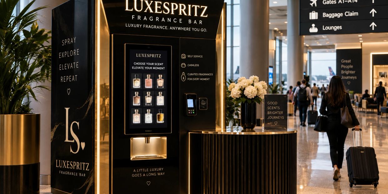 Luxespritz fragrance bar at an airport with luxury scents.