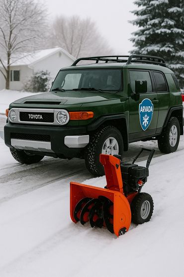 Green Toyota SUV with snow removal equipment in a snowy setting.