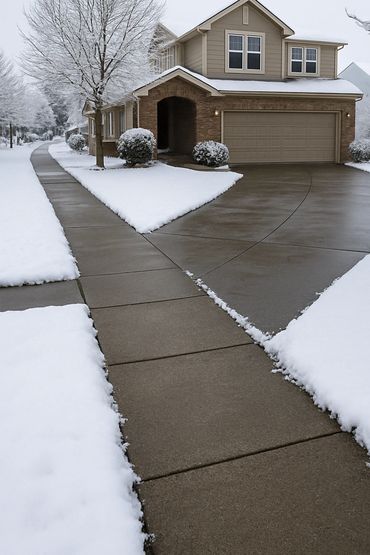 A modern house with a clear driveway and sidewalk amid fresh snow.