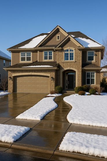 A two-story house with snow on the lawn and roof under a clear blue sky.