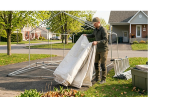 Un homme qui fait le démontage d'un abri tempo au printemps à l'Ancienne Lorette