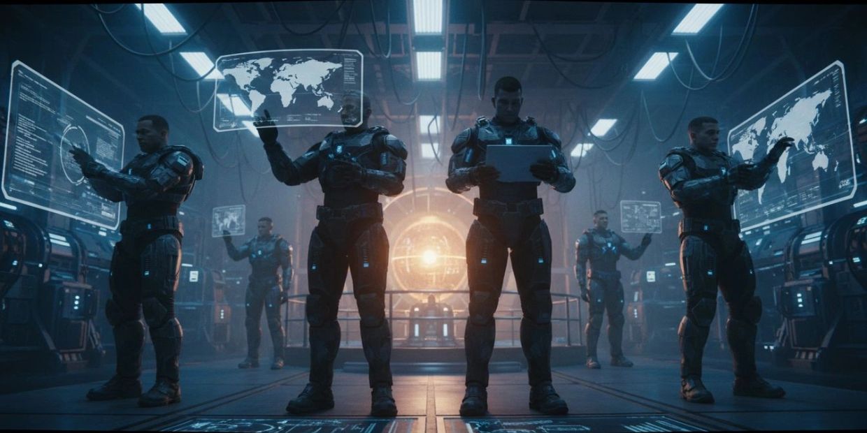 Futuristic soldiers interacting with holographic maps and data in a high-tech control room.
