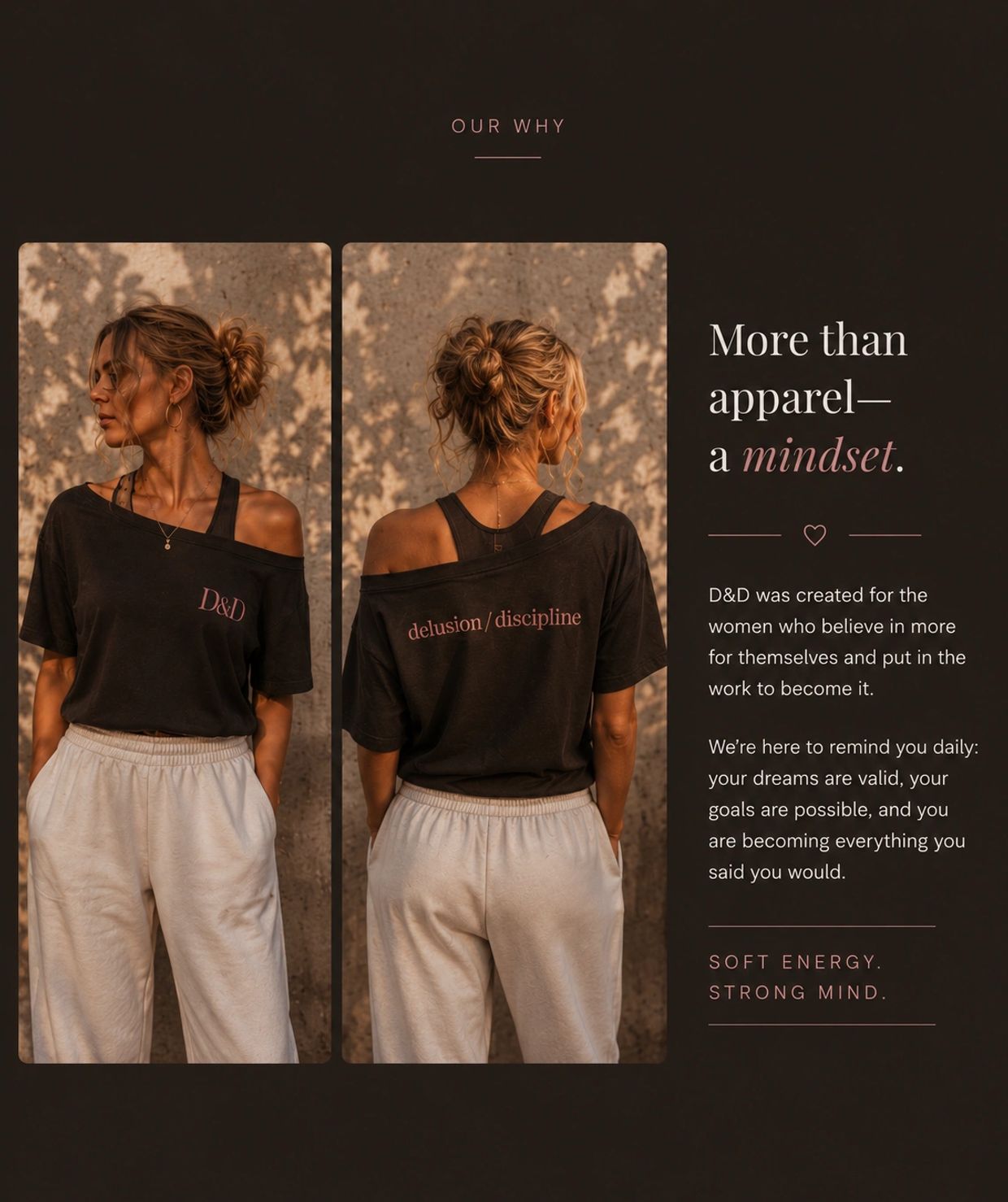 Woman modeling a black off-shoulder shirt with inspirational text about mindset and empowerment.