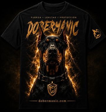 Black t-shirt with a fierce Doberman dog and lightning design.