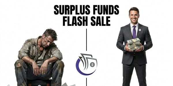 Contrasting images of a homeless man and a businessman holding money under 'Surplus Funds Flash Sale'.