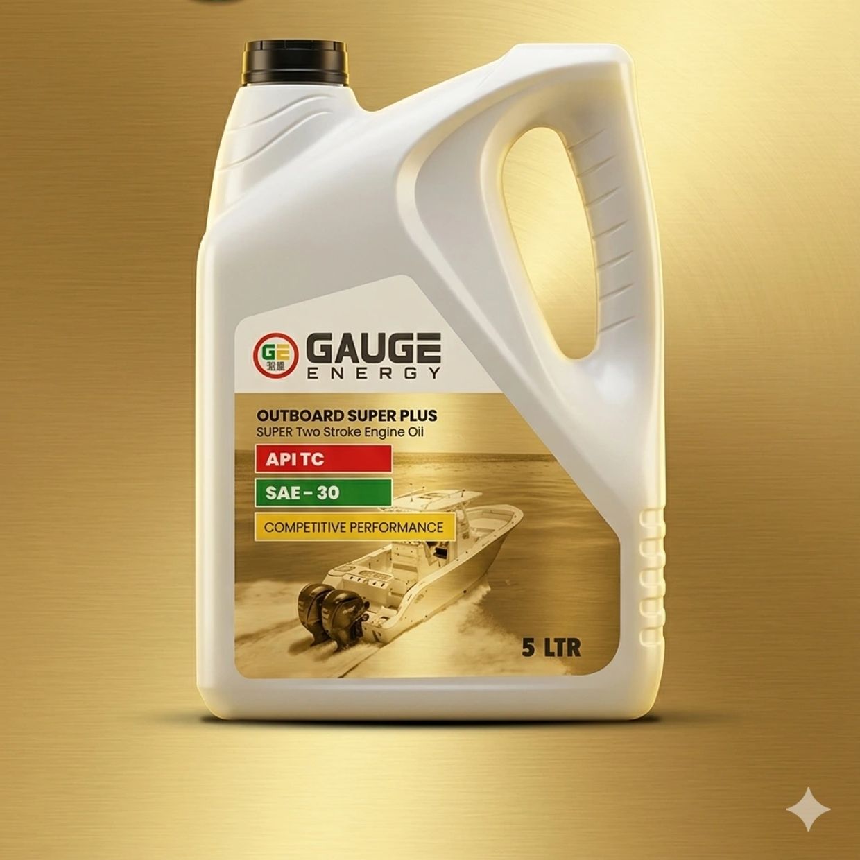5-liter container of Gauge Energy Outboard Super Plus engine oil.