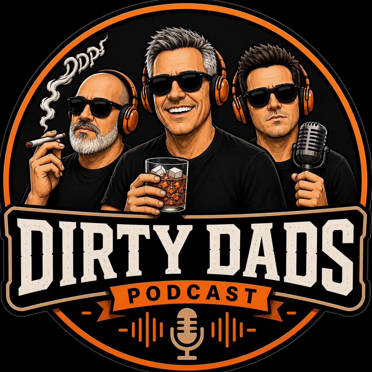 Illustration of three men with sunglasses promoting Dirty Dads Podcast.