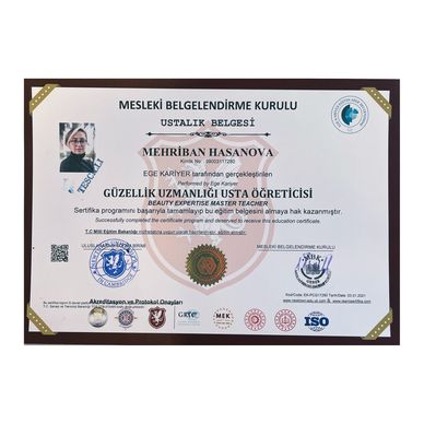 Mihriban Hasanova Güzellik uzmanlığı, Usta Öğretici Sertifikası,,,