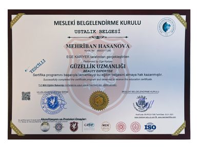 Mihriban Hasanova Güzelik Uzamanlığı Sertifikası,,,