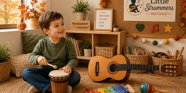 Young boy playing drum happily in a cozy music room.