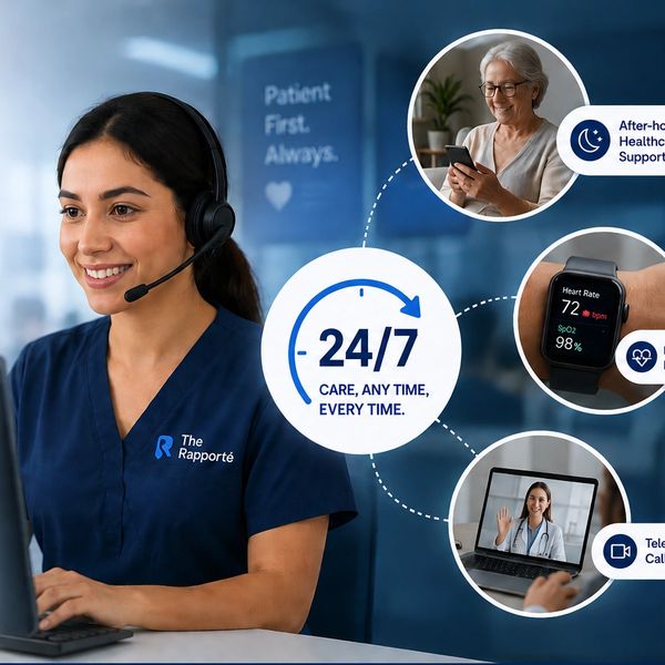 The Rapportè cover graphic: a virtual assistant in scrubs at a computer beside a '24/7 Care, Any Tim