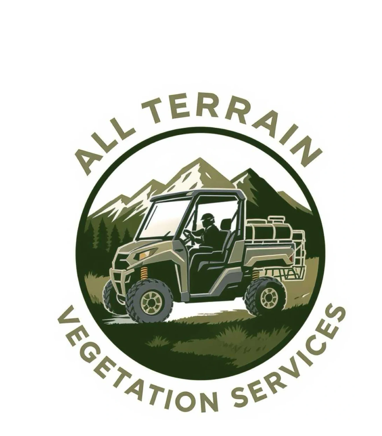 Logo of All Terrain Vegetation Services with an off-road vehicle and mountains.