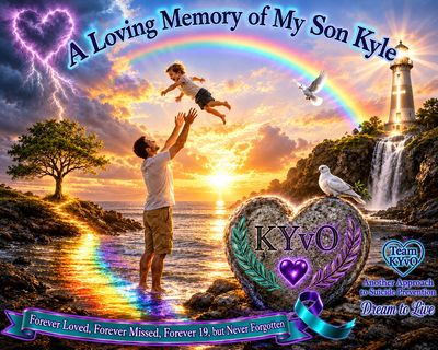 Memorial tribute image for a son named Kyle with rainbow and lighthouse.