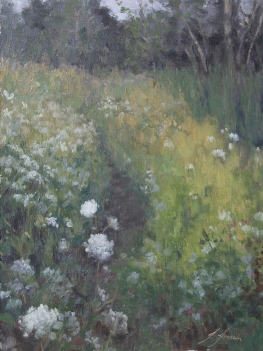 Painting of a path with white flowers