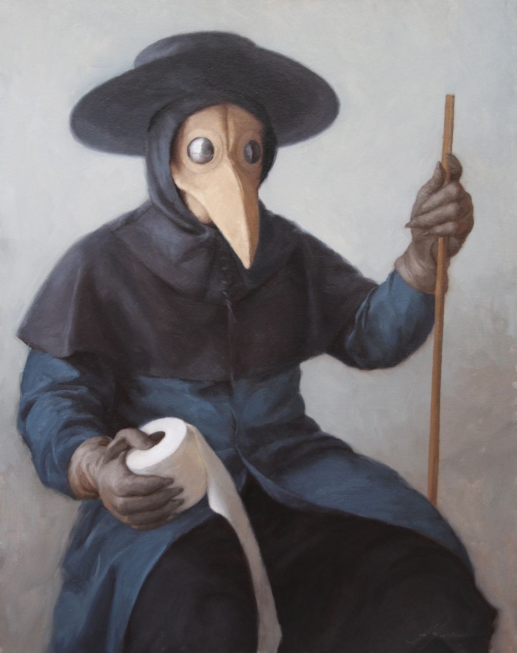 Plague doctor holding toilet paper and a stick 