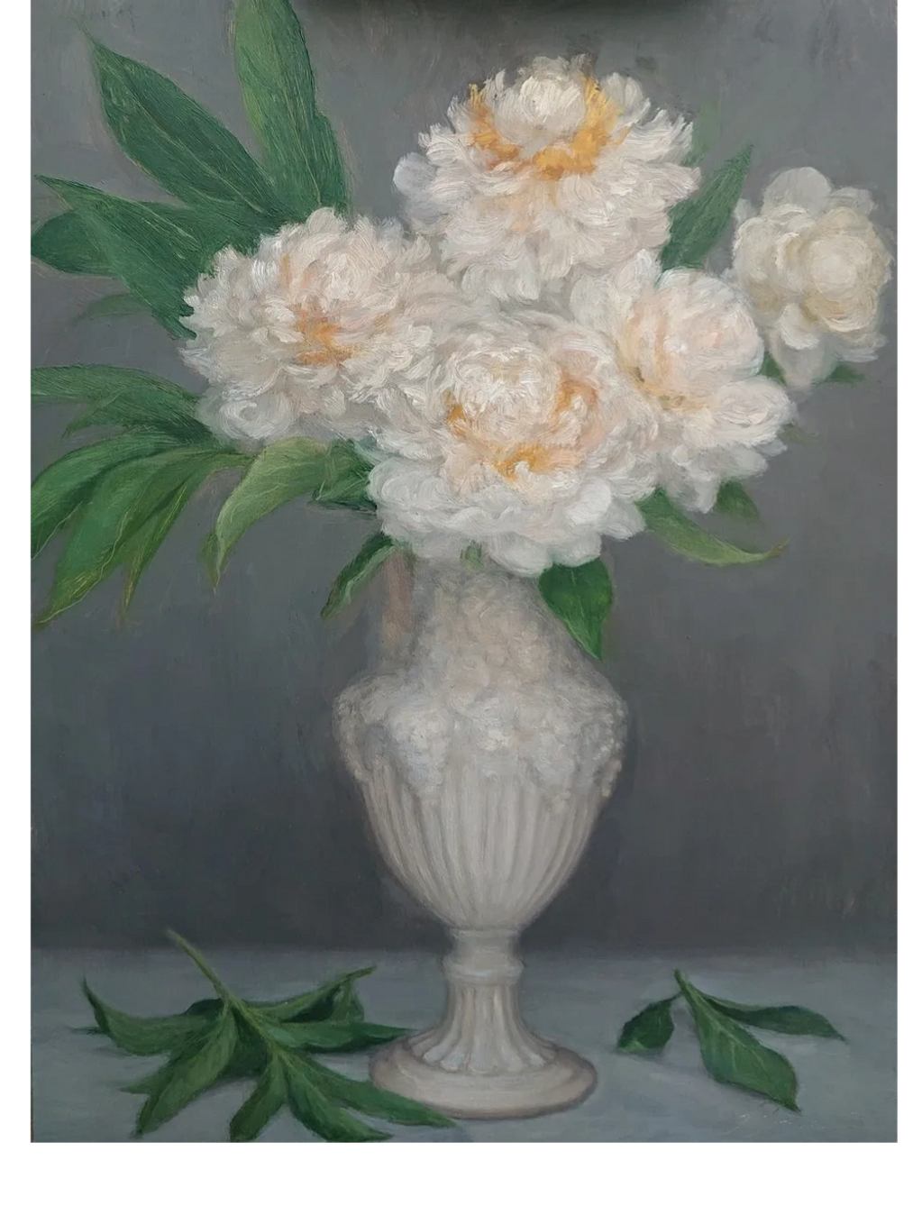 White Peonies in a white vase against a grey background.