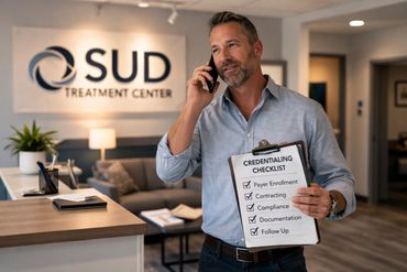 Man at SUD Treatment Center holds a completed credentialing checklist while talking on phone.