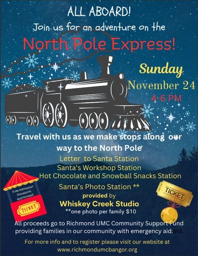 Flyer for a North Pole Express adventure event on November 24 from 4-6 PM.