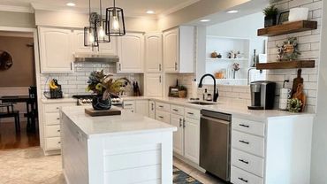 Custom white kitchen remodel, farmhouse style, paint cabinets, open shelving, subway tile backsplash