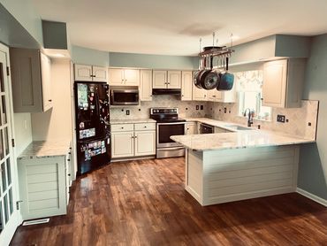 custom kitchen remodel, white shiplap, painted cabinets, tile backsplash, new countertops