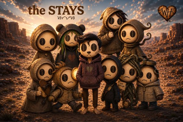 A group of stylized sad dolls with button eyes in a desert landscape at sunset.