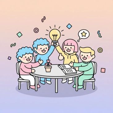 Happy children sharing a lightbulb idea.
