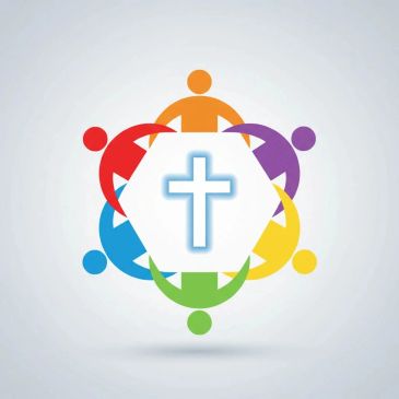 Colorful group's circle with a cross in the center.