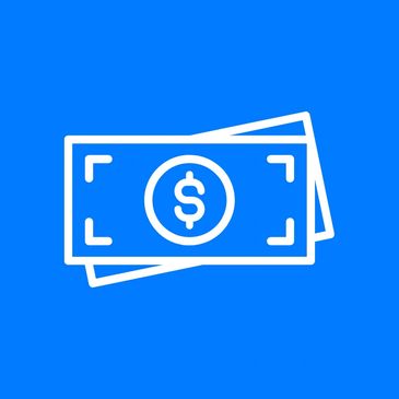 White dollar bills icon on a blue background.