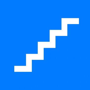 White stair-step icon on a bright blue background.
