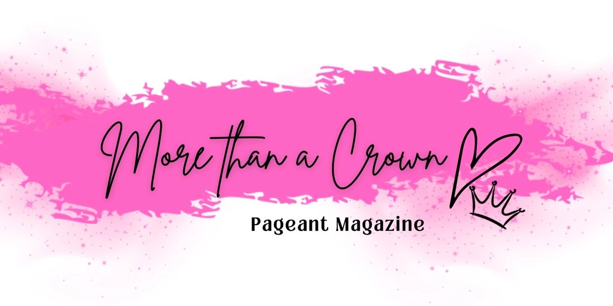 Logo for 'More than a Crown' Pageant Magazine with pink splash background.