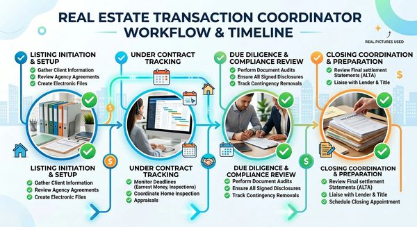 Infographic detailing the workflow and timeline of a real estate transaction coordinator.