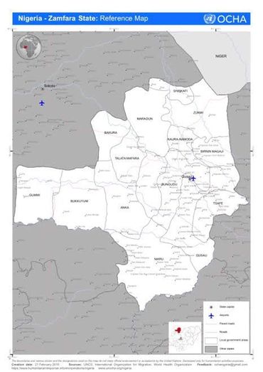 Map of Zamfara State in Nigeria showing local government areas and airports.