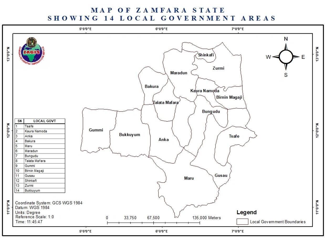Map of Zamfara State showing 14 local government areas with boundaries and names.