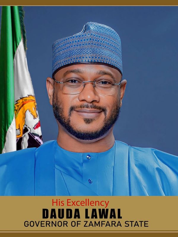 Portrait of His Excellency Dauda Lawal, Governor of Zamfara State, dressed in traditional attire.