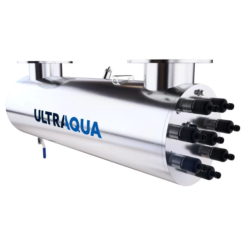 Sleek metallic water filtration system labeled ULTRAQUA with multiple black connectors.
