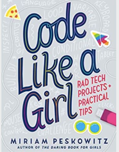 Cover of Code Like a Girl.Silver gray background, little sticker-like things all over. 