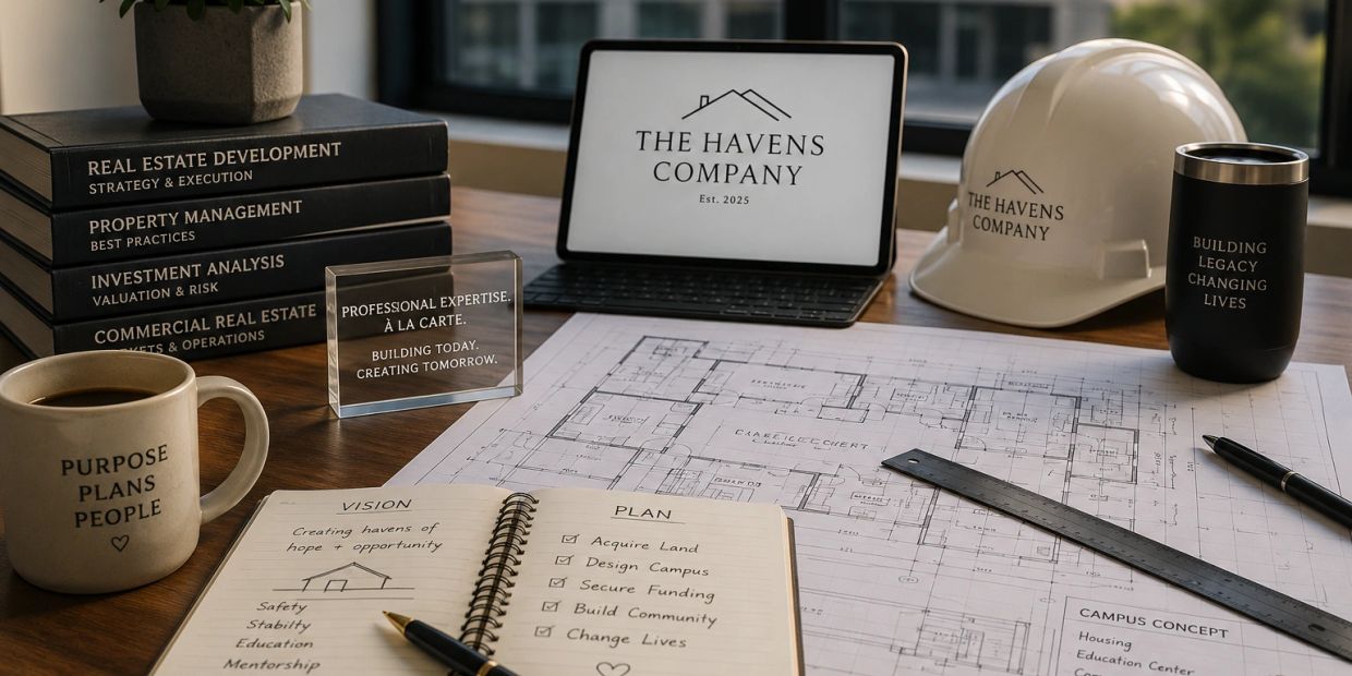 Workspace with real estate planning materials and the Havens Company branding.
